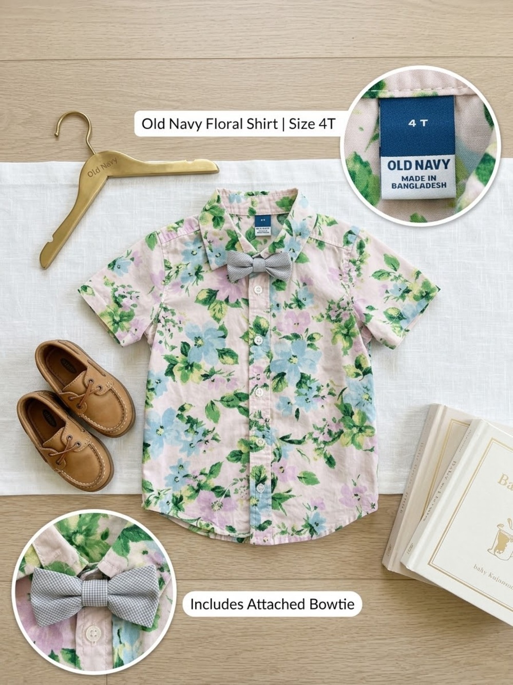 Old Navy Pink Floral Button-Down Shirt with Gray Bowtie